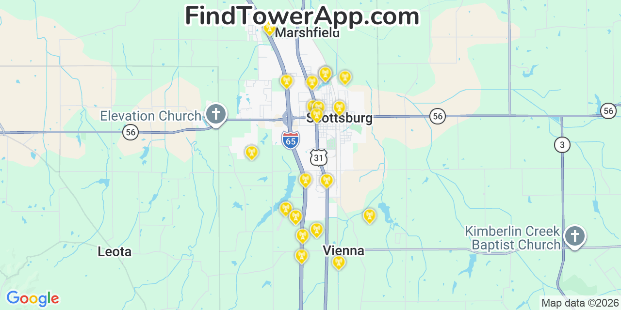 Map showing the 20 primary cell tower locations detected in Scottsburg, Indiana from AT&T, Verizon, and T-Mobile networks