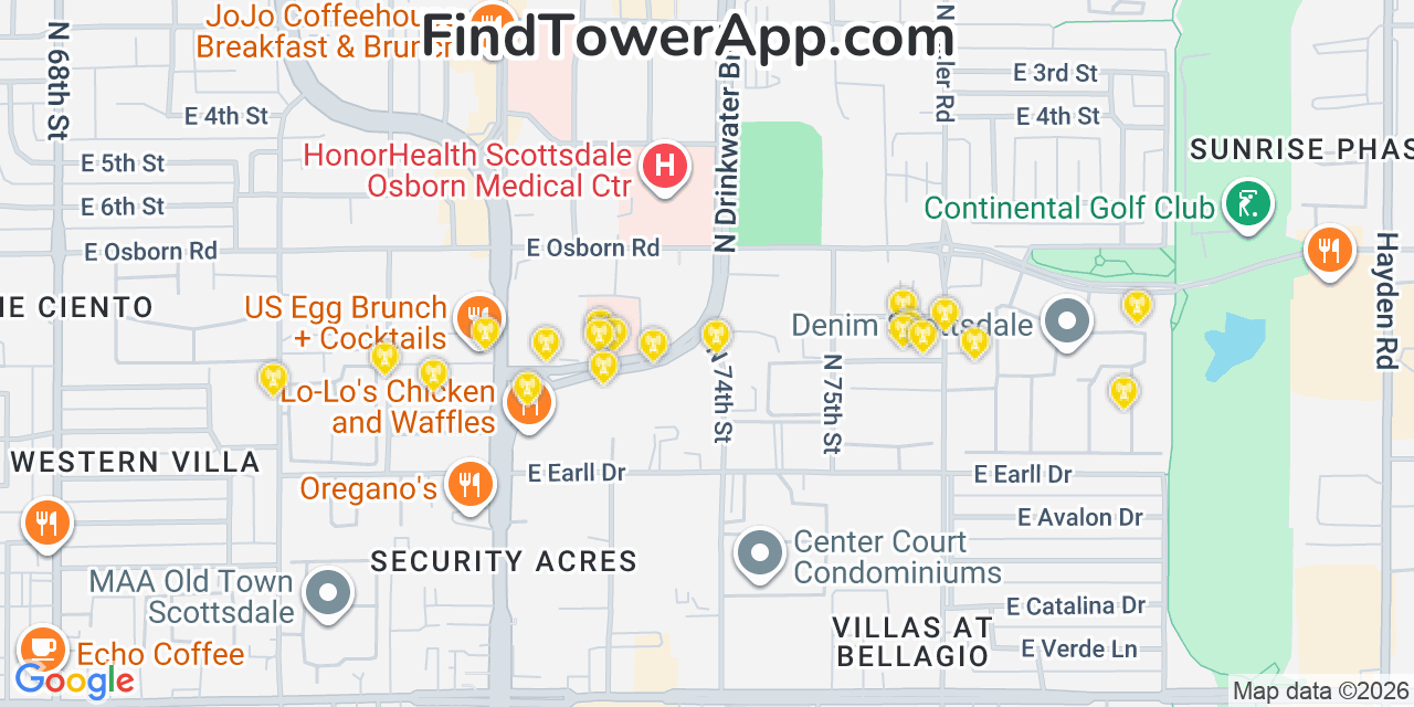Map showing the 20 primary cell tower locations detected in Scottsdale, Arizona from AT&T, Verizon, and T-Mobile networks