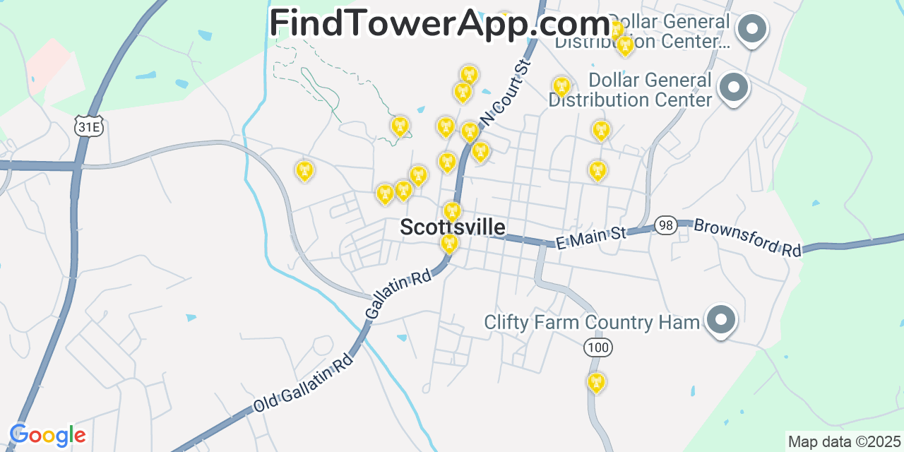 Map showing the 20 primary cell tower locations detected in Scottsville, Kentucky from AT&T, Verizon, and T-Mobile networks