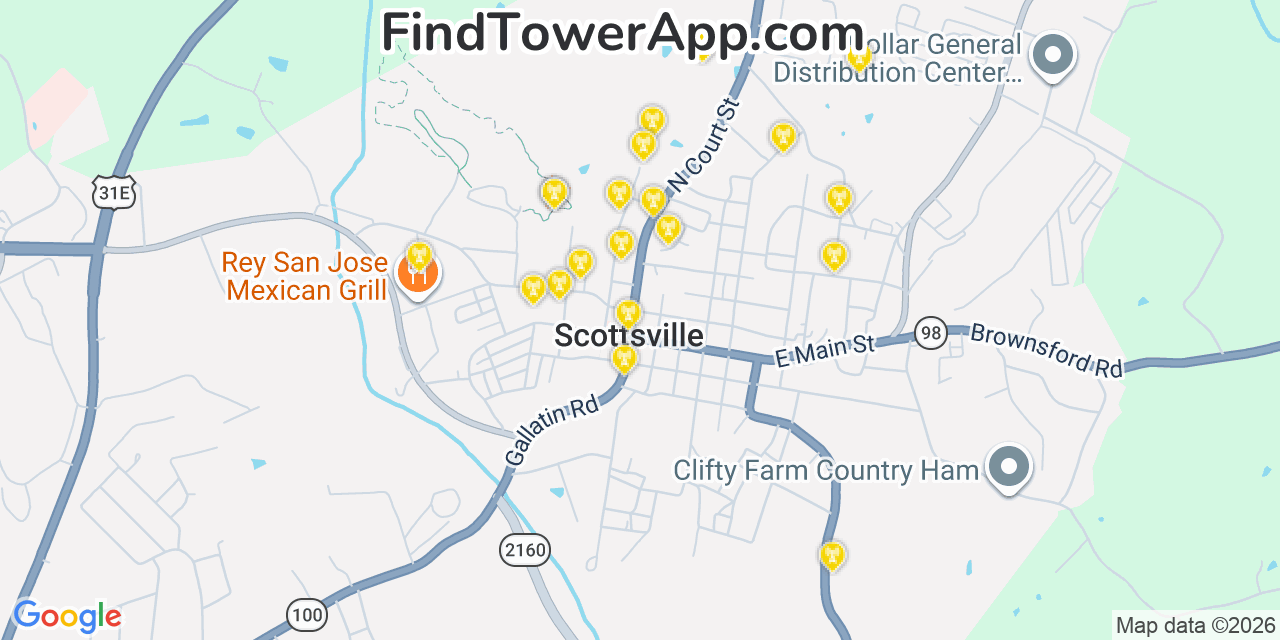 Map showing the 20 primary cell tower locations detected in Scottsville, Kentucky from AT&T, Verizon, and T-Mobile networks