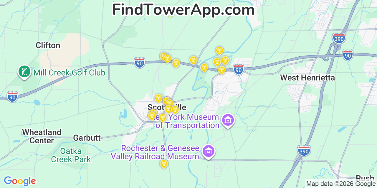 Map showing the 20 primary cell tower locations detected in Scottsville, New York from AT&T, Verizon, and T-Mobile networks
