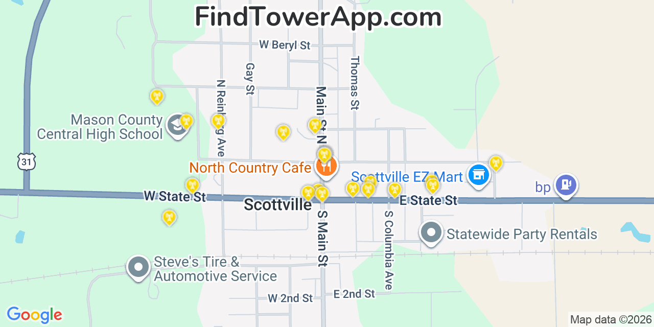 Map showing the 20 primary cell tower locations detected in Scottville, Michigan from AT&T, Verizon, and T-Mobile networks