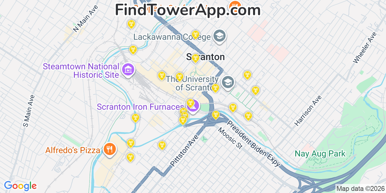 Map showing the 20 primary cell tower locations detected in Scranton, Pennsylvania from AT&T, Verizon, and T-Mobile networks