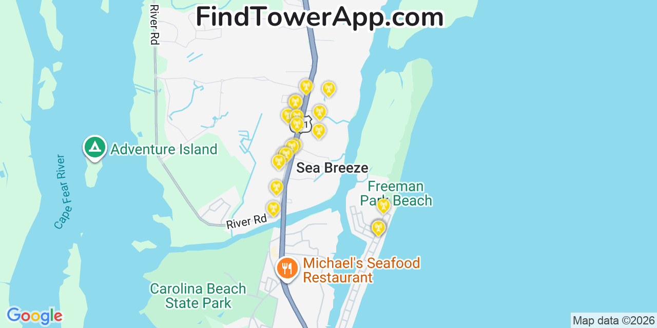 Map showing the 20 primary cell tower locations detected in Sea Breeze, North Carolina from AT&T, Verizon, and T-Mobile networks