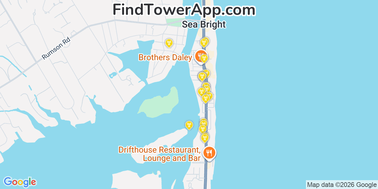 Map showing the 20 primary cell tower locations detected in Sea Bright, New Jersey from AT&T, Verizon, and T-Mobile networks