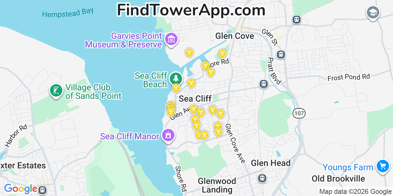 Map showing the 20 primary cell tower locations detected in Sea Cliff, New York from AT&T, Verizon, and T-Mobile networks