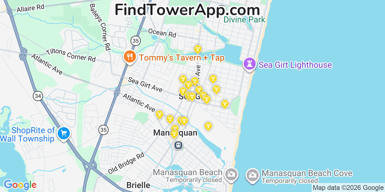 Map showing the 20 primary cell tower locations detected in Sea Girt, New Jersey from AT&T, Verizon, and T-Mobile networks