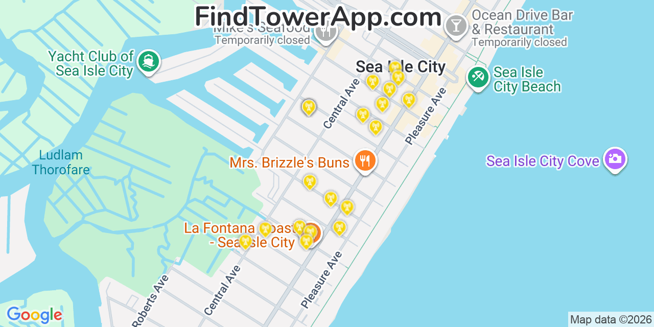 Map showing the 20 primary cell tower locations detected in Sea Isle City, New Jersey from AT&T, Verizon, and T-Mobile networks
