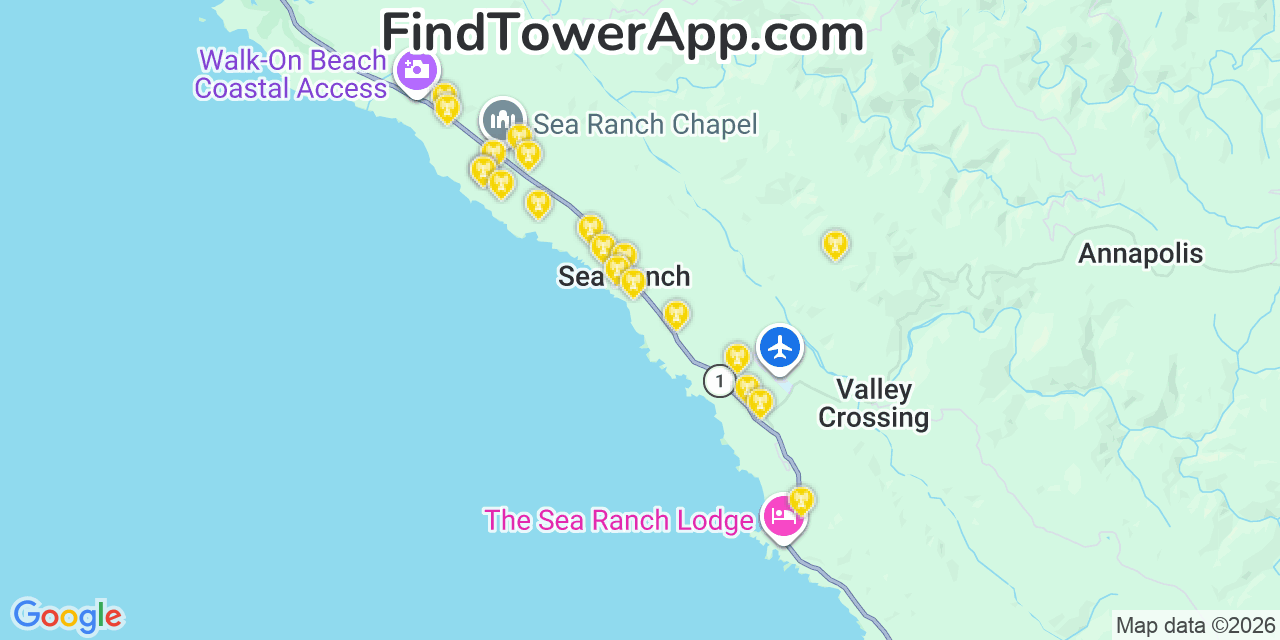Map showing the 20 primary cell tower locations detected in Sea Ranch, California from AT&T, Verizon, and T-Mobile networks
