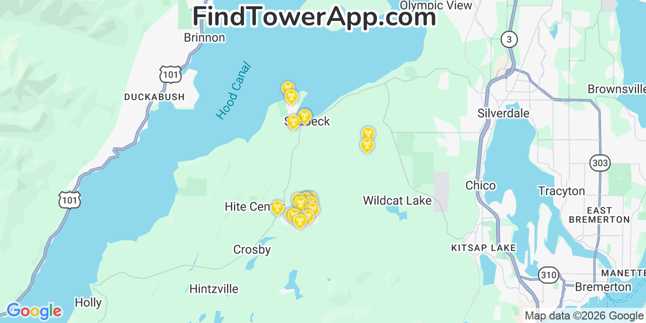 Map showing the 20 primary cell tower locations detected in Seabeck, Washington from AT&T, Verizon, and T-Mobile networks