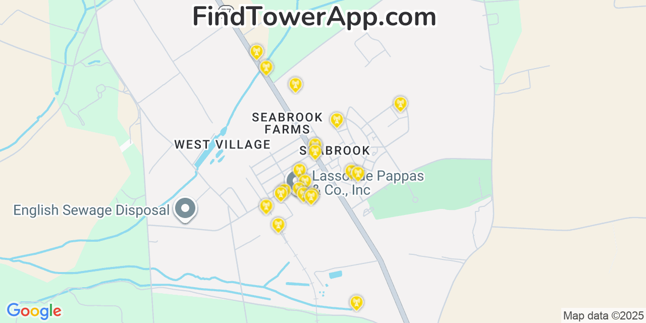 Map showing the 20 primary cell tower locations detected in Seabrook Farms, New Jersey from AT&T, Verizon, and T-Mobile networks