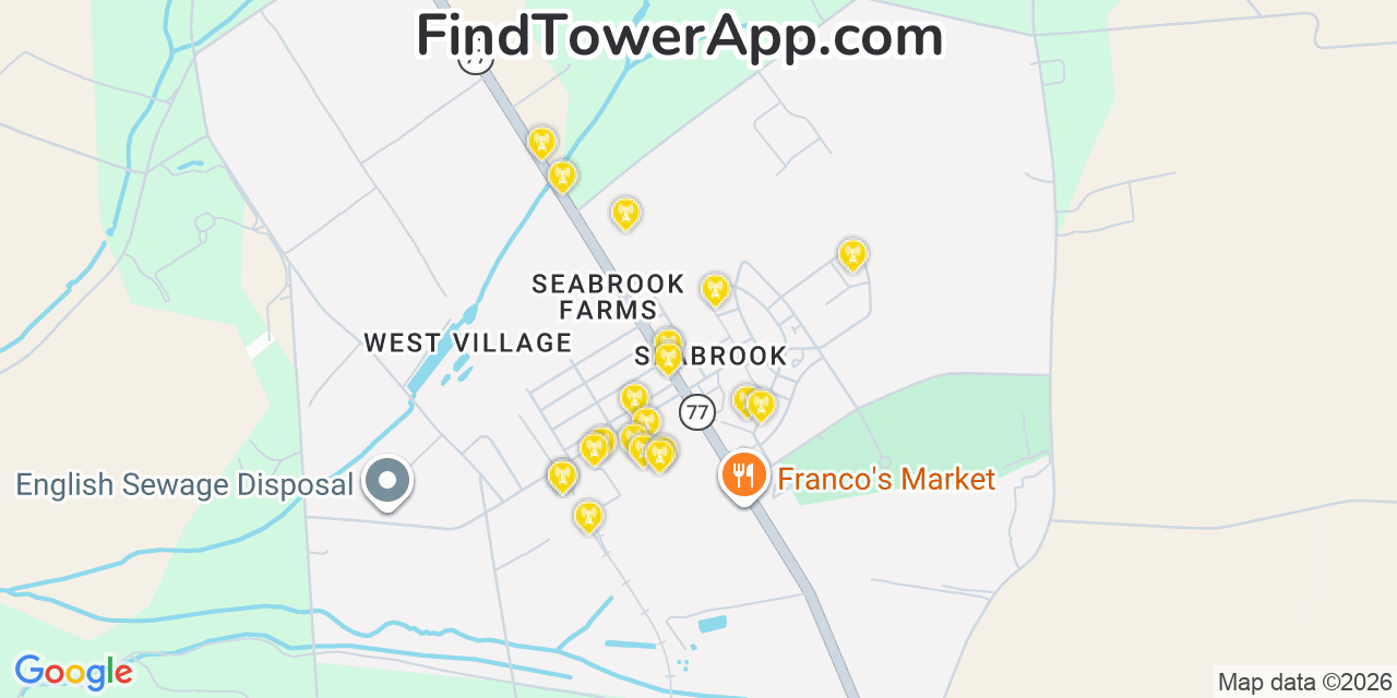 Map showing the 20 primary cell tower locations detected in Seabrook Farms, New Jersey from AT&T, Verizon, and T-Mobile networks