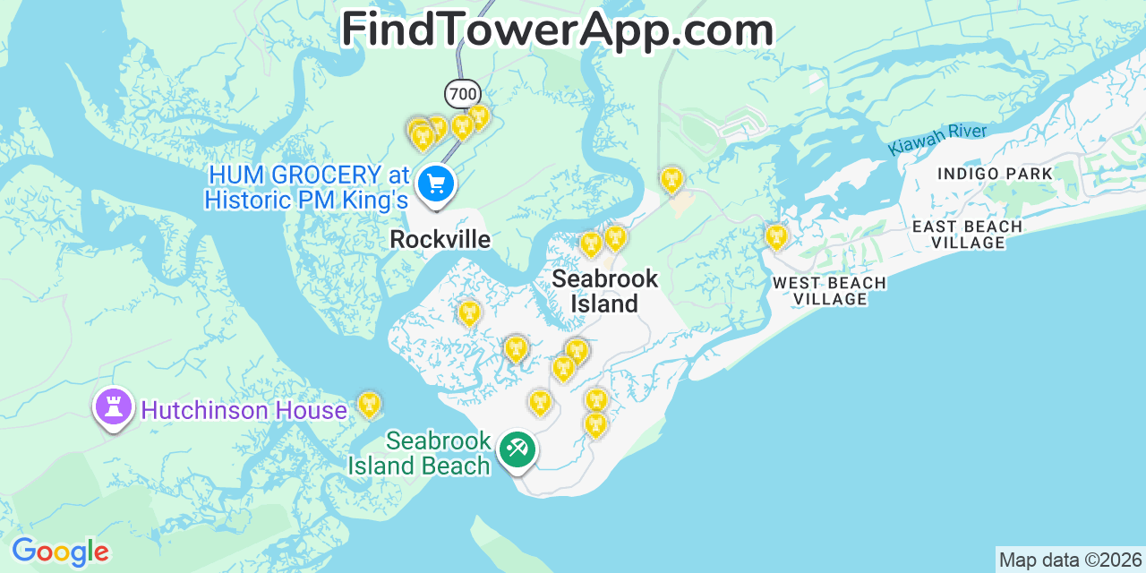 Map showing the 20 primary cell tower locations detected in Seabrook Island, South Carolina from AT&T, Verizon, and T-Mobile networks