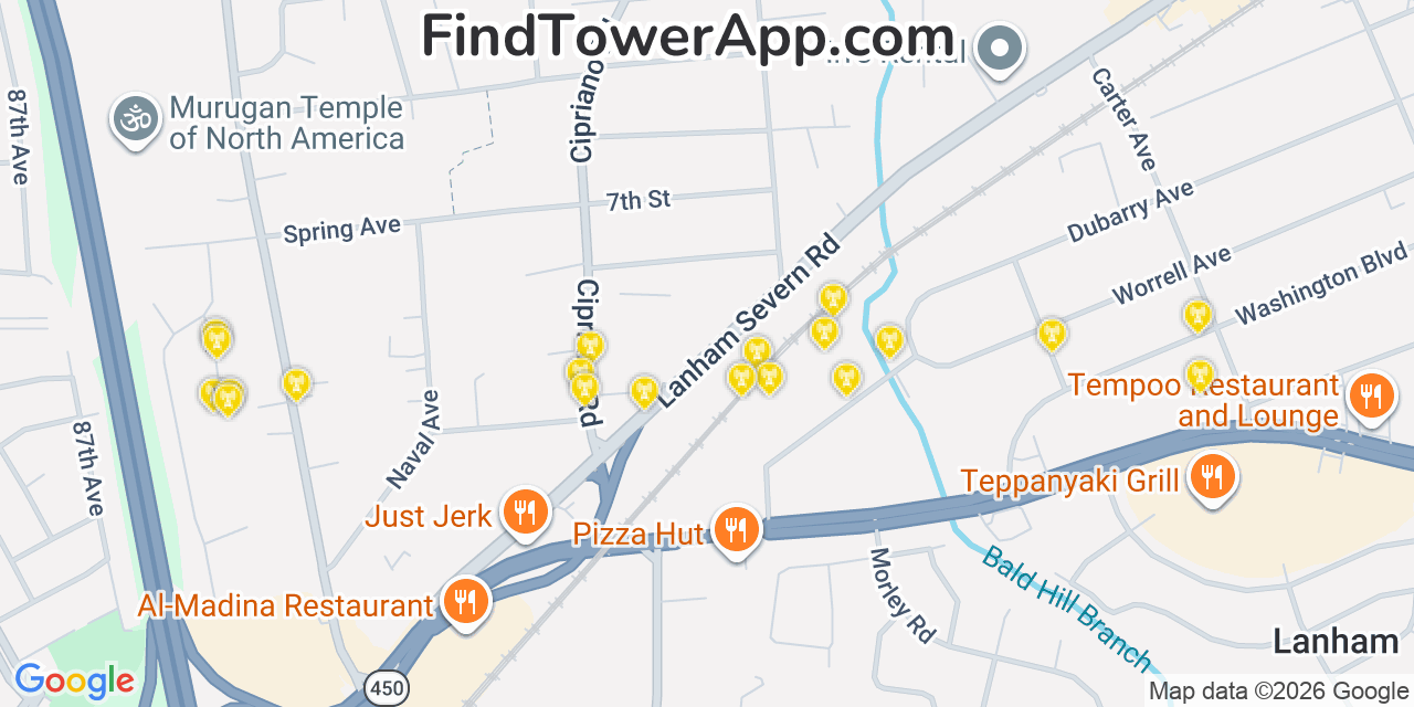 Map showing the 20 primary cell tower locations detected in Seabrook, Maryland from AT&T, Verizon, and T-Mobile networks