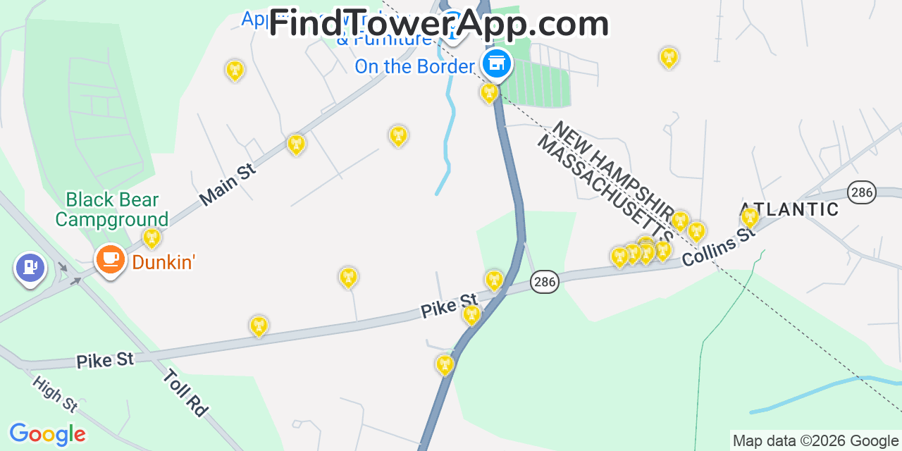 Map showing the 20 primary cell tower locations detected in Seabrook, New Hampshire from AT&T, Verizon, and T-Mobile networks