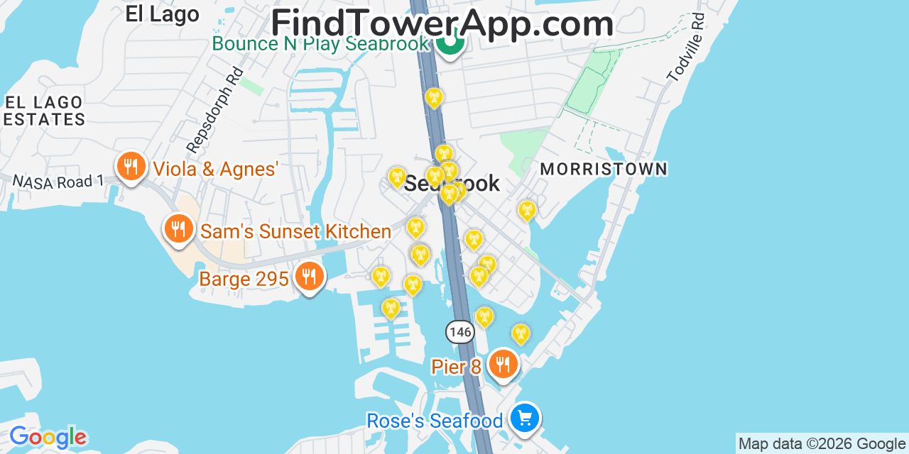 Map showing the 20 primary cell tower locations detected in Seabrook, Texas from AT&T, Verizon, and T-Mobile networks