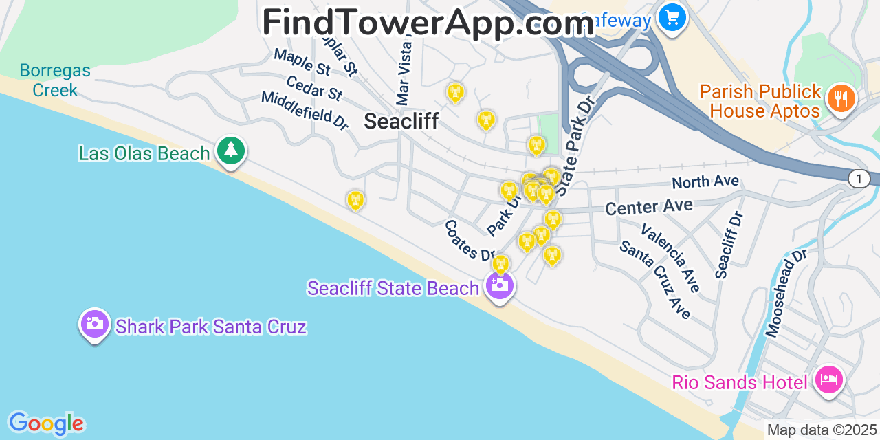 Map showing the 20 primary cell tower locations detected in Seacliff, California from AT&T, Verizon, and T-Mobile networks