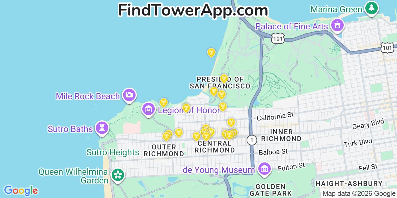 Map showing the 20 primary cell tower locations detected in Seacliff, California from AT&T, Verizon, and T-Mobile networks