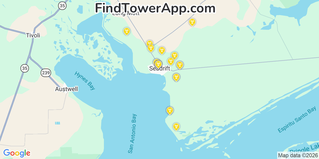 Map showing the 20 primary cell tower locations detected in Seadrift, Texas from AT&T, Verizon, and T-Mobile networks