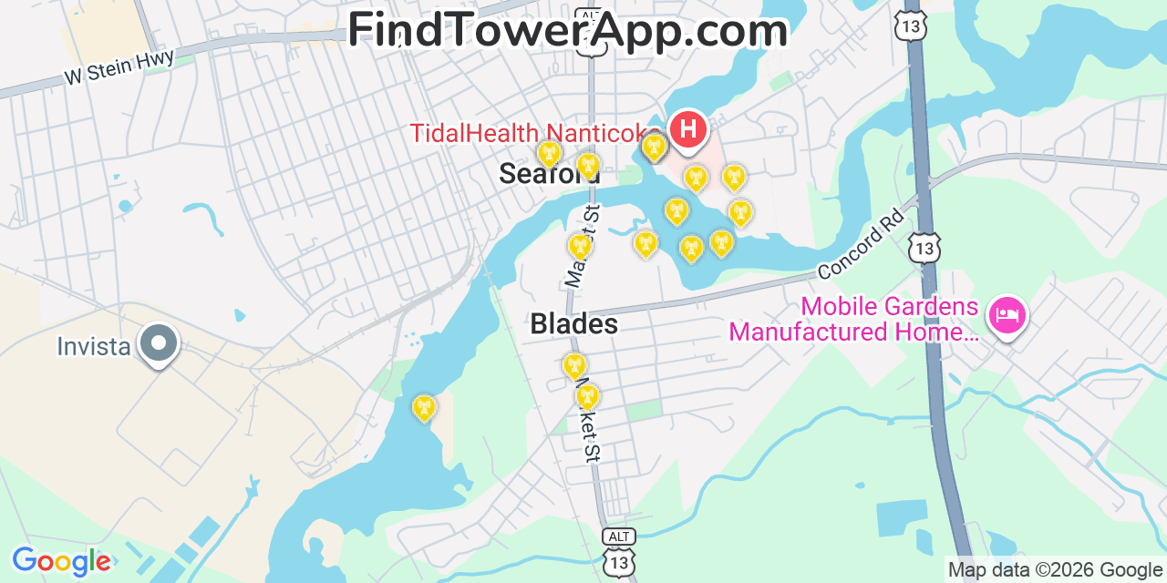 Map showing the 20 primary cell tower locations detected in Seaford, Delaware from AT&T, Verizon, and T-Mobile networks