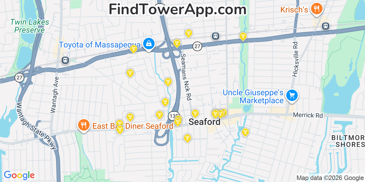 Map showing the 20 primary cell tower locations detected in Seaford, New York from AT&T, Verizon, and T-Mobile networks