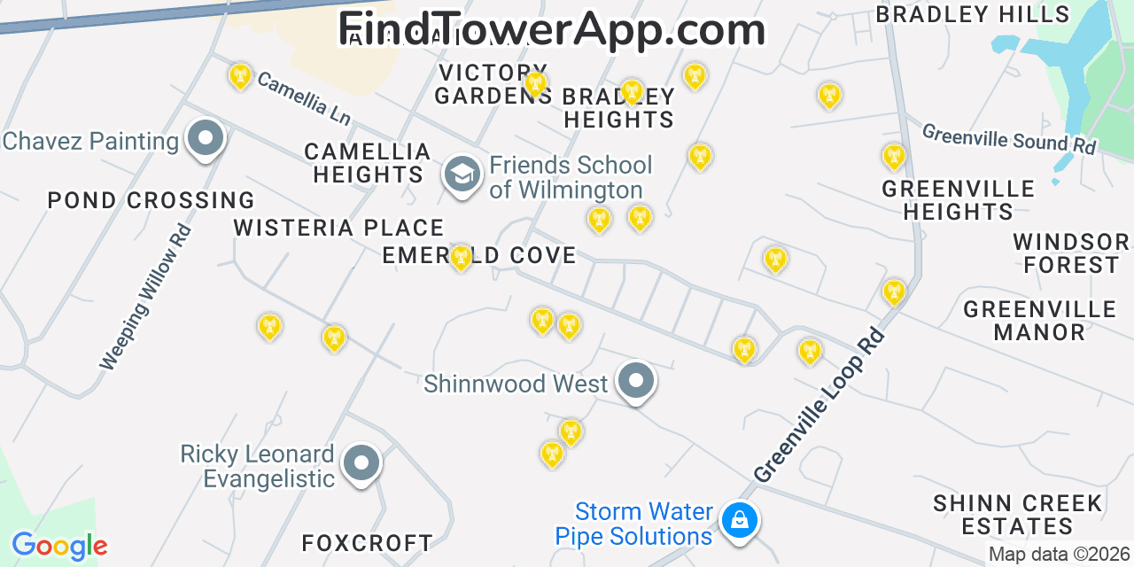 Map showing the 20 primary cell tower locations detected in Seagate, North Carolina from AT&T, Verizon, and T-Mobile networks