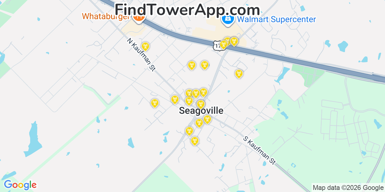 Map showing the 20 primary cell tower locations detected in Seagoville, Texas from AT&T, Verizon, and T-Mobile networks