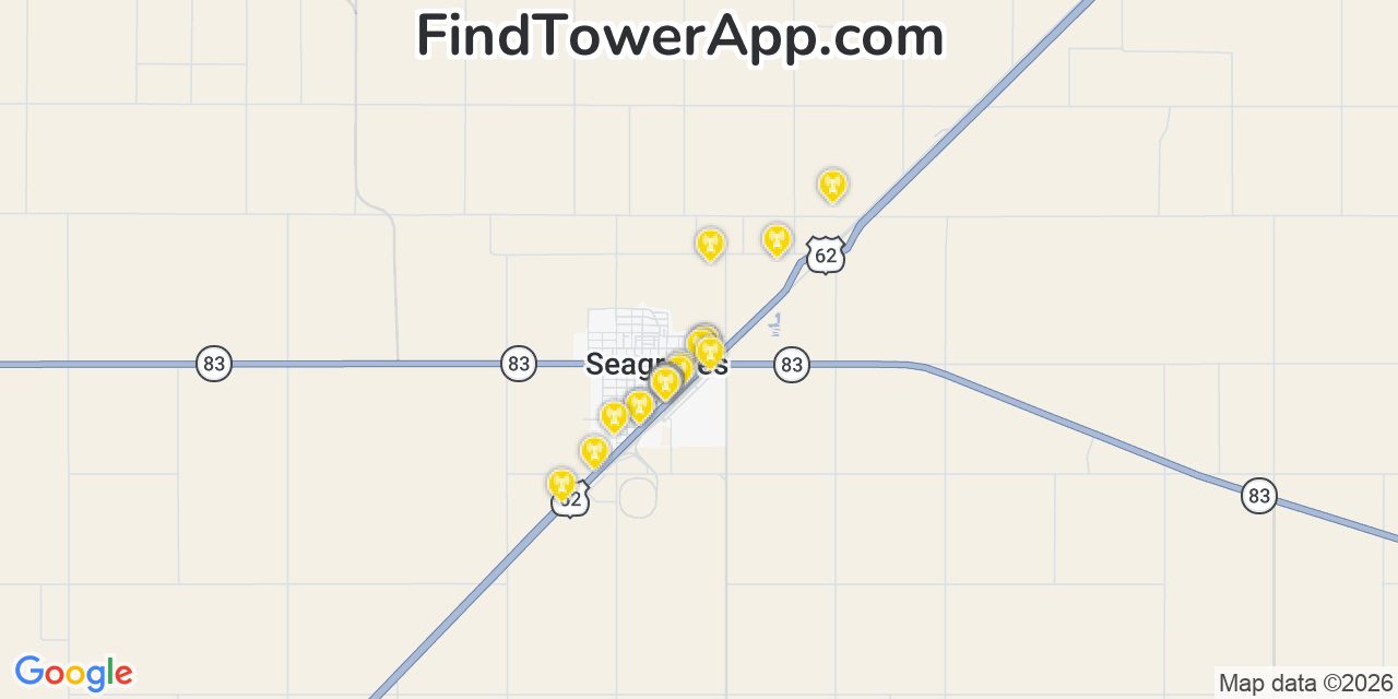 Map showing the 20 primary cell tower locations detected in Seagraves, Texas from AT&T, Verizon, and T-Mobile networks