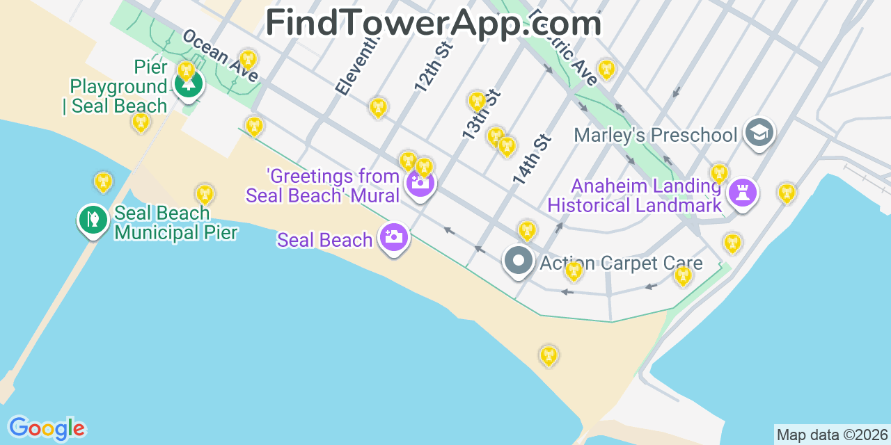 Map showing the 20 primary cell tower locations detected in Seal Beach, California from AT&T, Verizon, and T-Mobile networks