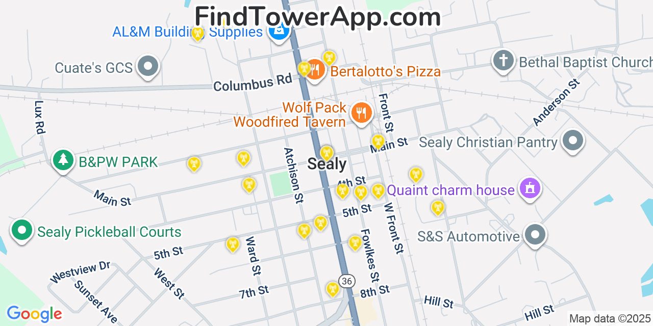 Map showing the 20 primary cell tower locations detected in Sealy, Texas from AT&T, Verizon, and T-Mobile networks