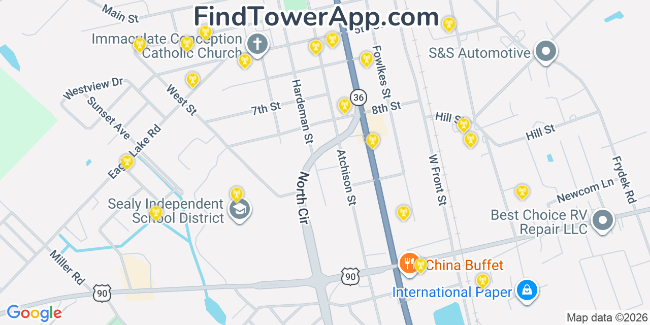 Map showing the 20 primary cell tower locations detected in Sealy, Texas from AT&T, Verizon, and T-Mobile networks