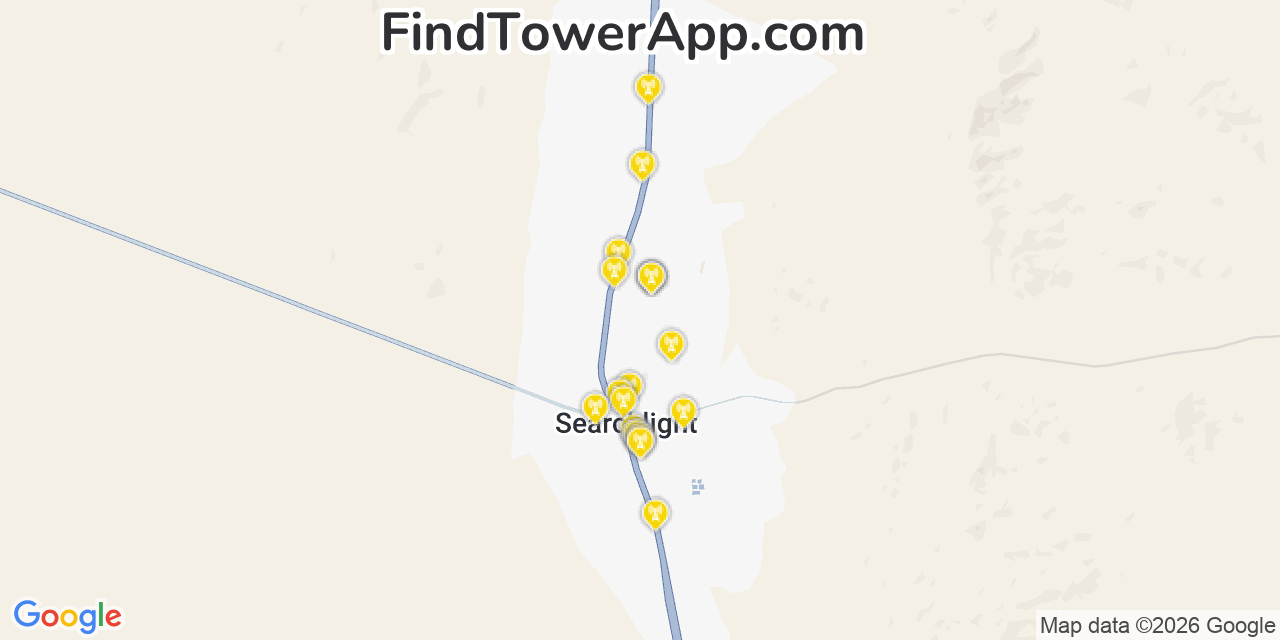 Map showing the 20 primary cell tower locations detected in Searchlight, Nevada from AT&T, Verizon, and T-Mobile networks