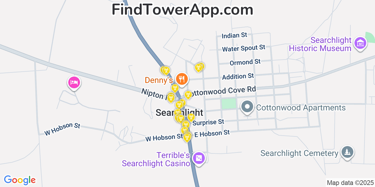 Map showing the 20 primary T-Mobile cell tower locations detected in Searchlight, Nevada with coverage radius and signal strength indicators