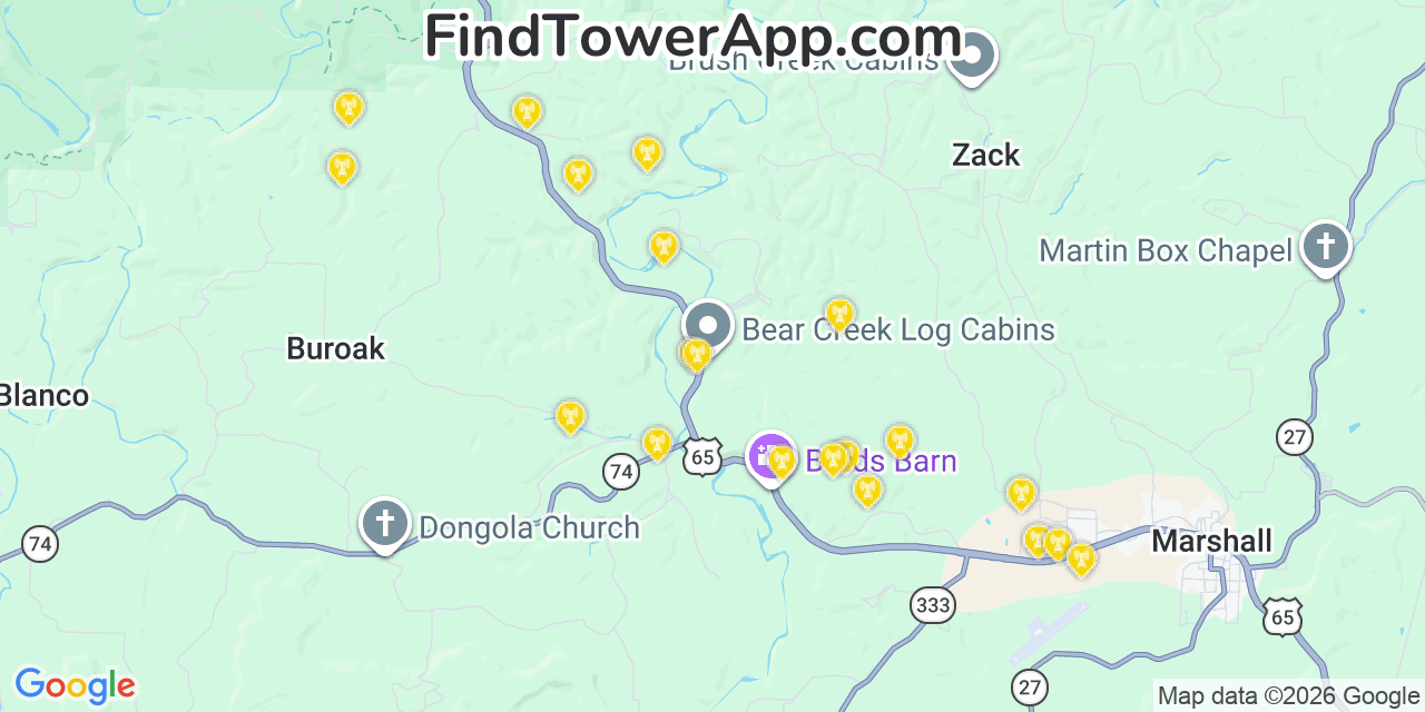 Map showing the 20 primary cell tower locations detected in Searcy, Arkansas from AT&T, Verizon, and T-Mobile networks