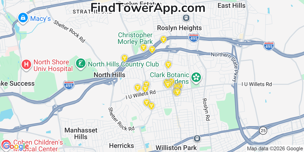 Map showing the 20 primary cell tower locations detected in Searingtown, New York from AT&T, Verizon, and T-Mobile networks