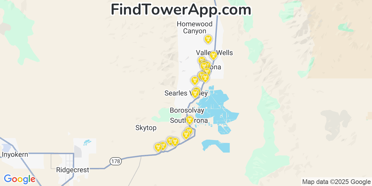 Map showing the 20 primary cell tower locations detected in Searles Valley, California from AT&T, Verizon, and T-Mobile networks