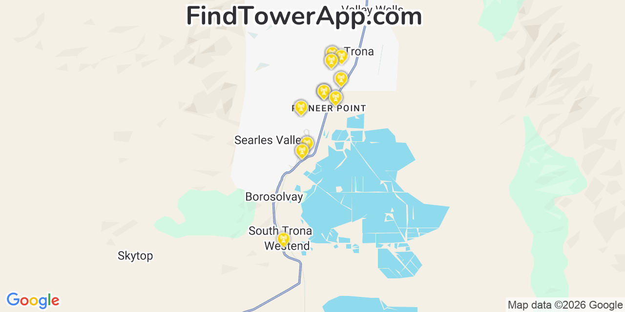 Map showing the 20 primary cell tower locations detected in Searles Valley, California from AT&T, Verizon, and T-Mobile networks