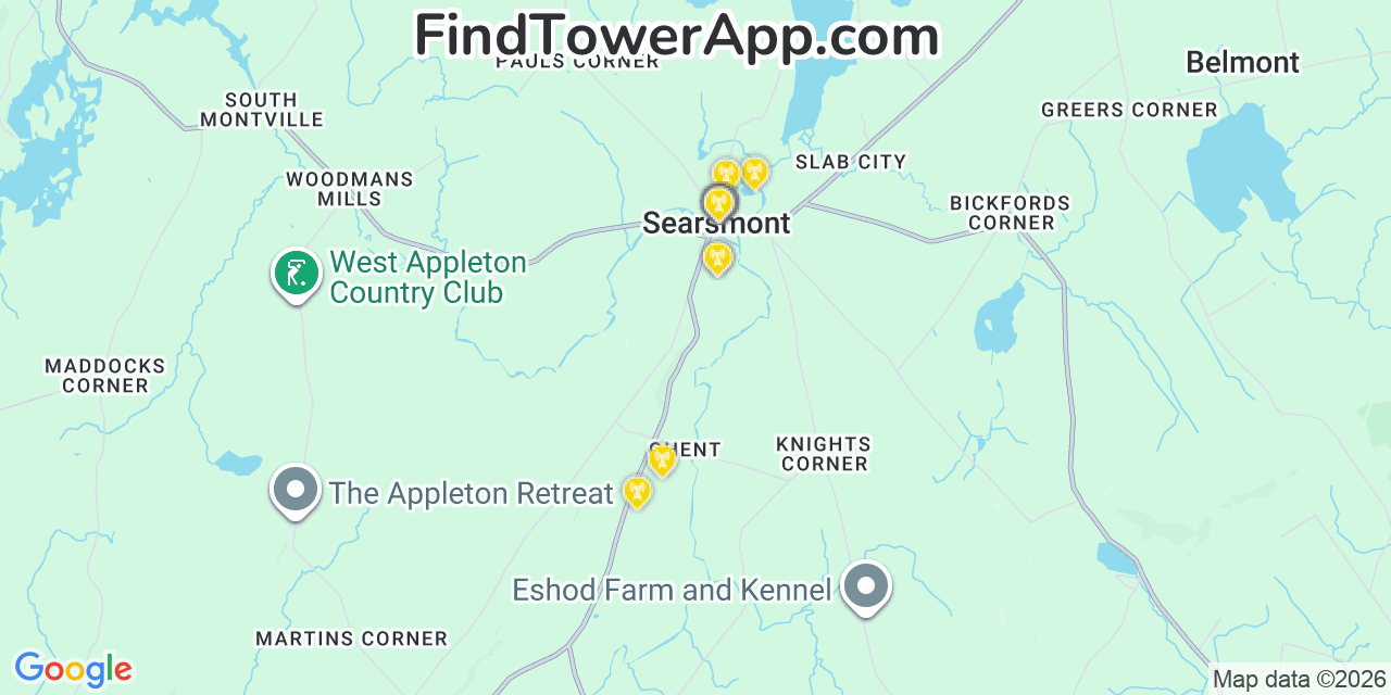 Map showing the 20 primary cell tower locations detected in Searsmont, Maine from AT&T, Verizon, and T-Mobile networks