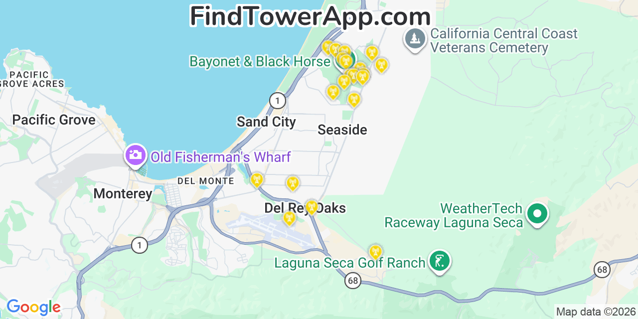 Map showing the 20 primary cell tower locations detected in Seaside, California from AT&T, Verizon, and T-Mobile networks
