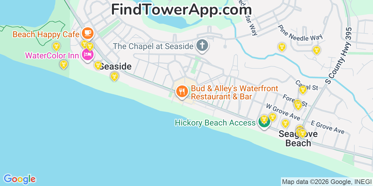 Map showing the 20 primary cell tower locations detected in Seaside, Florida from AT&T, Verizon, and T-Mobile networks