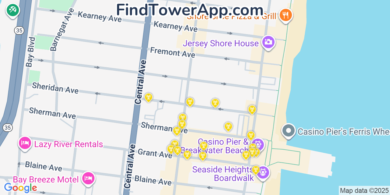 Map showing the 20 primary cell tower locations detected in Seaside Heights, New Jersey from AT&T, Verizon, and T-Mobile networks