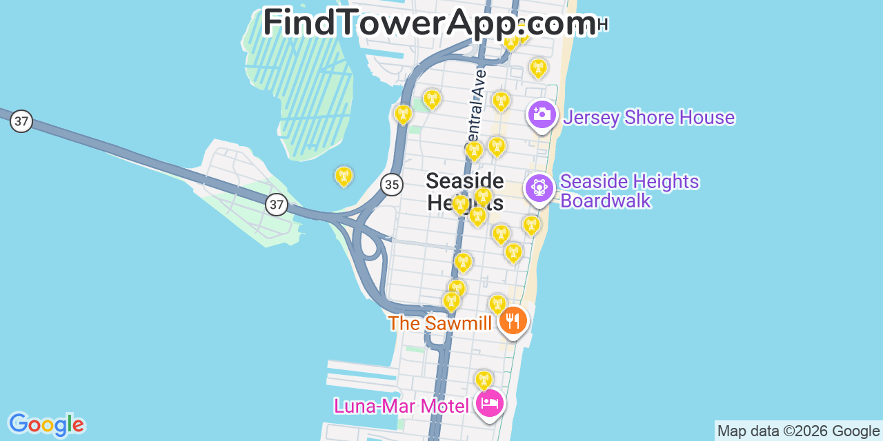 Map showing the 20 primary cell tower locations detected in Seaside Heights, New Jersey from AT&T, Verizon, and T-Mobile networks