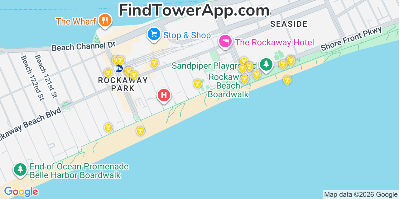 Map showing the 20 primary cell tower locations detected in Seaside, New York from AT&T, Verizon, and T-Mobile networks