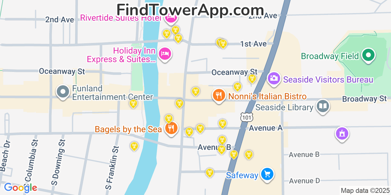 Map showing the 20 primary cell tower locations detected in Seaside, Oregon from AT&T, Verizon, and T-Mobile networks