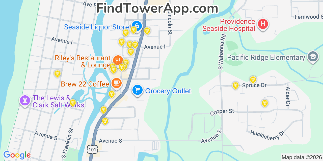 Map showing the 20 primary cell tower locations detected in Seaside, Oregon from AT&T, Verizon, and T-Mobile networks