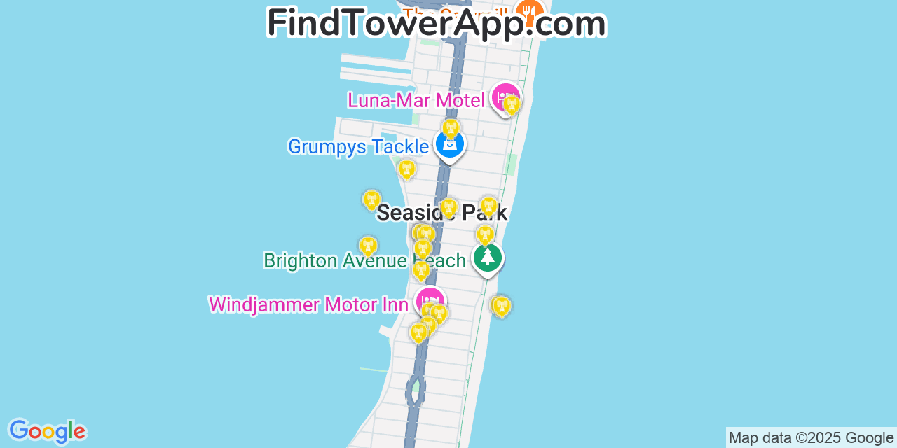 Map showing the 20 primary cell tower locations detected in Seaside Park, New Jersey from AT&T, Verizon, and T-Mobile networks
