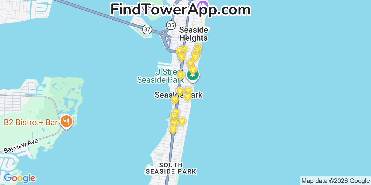 Map showing the 20 primary cell tower locations detected in Seaside Park, New Jersey from AT&T, Verizon, and T-Mobile networks