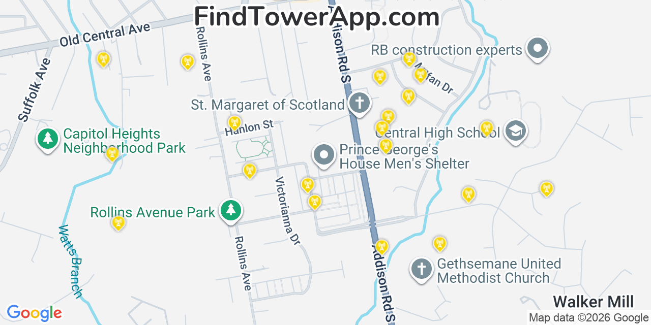Map showing the 20 primary cell tower locations detected in Seat Pleasant, Maryland from AT&T, Verizon, and T-Mobile networks
