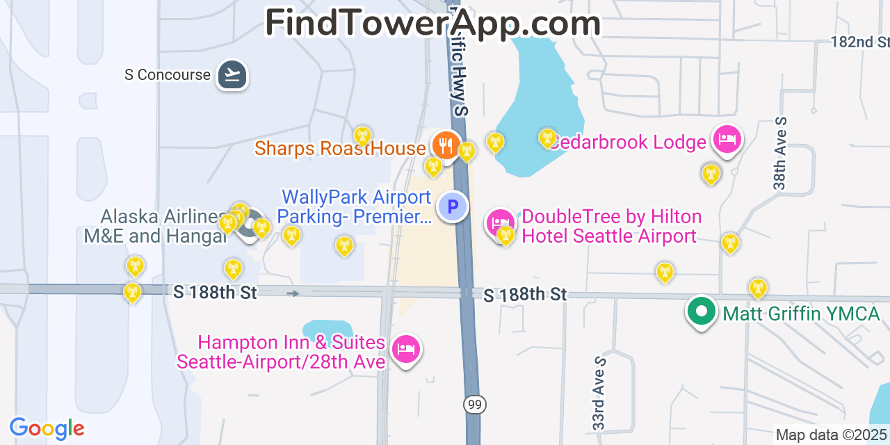 Map showing the 20 primary AT&T cell tower locations detected in Seatac, Washington with coverage radius and signal strength indicators
