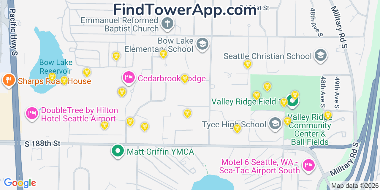 Map showing the 20 primary cell tower locations detected in Seatac, Washington from AT&T, Verizon, and T-Mobile networks